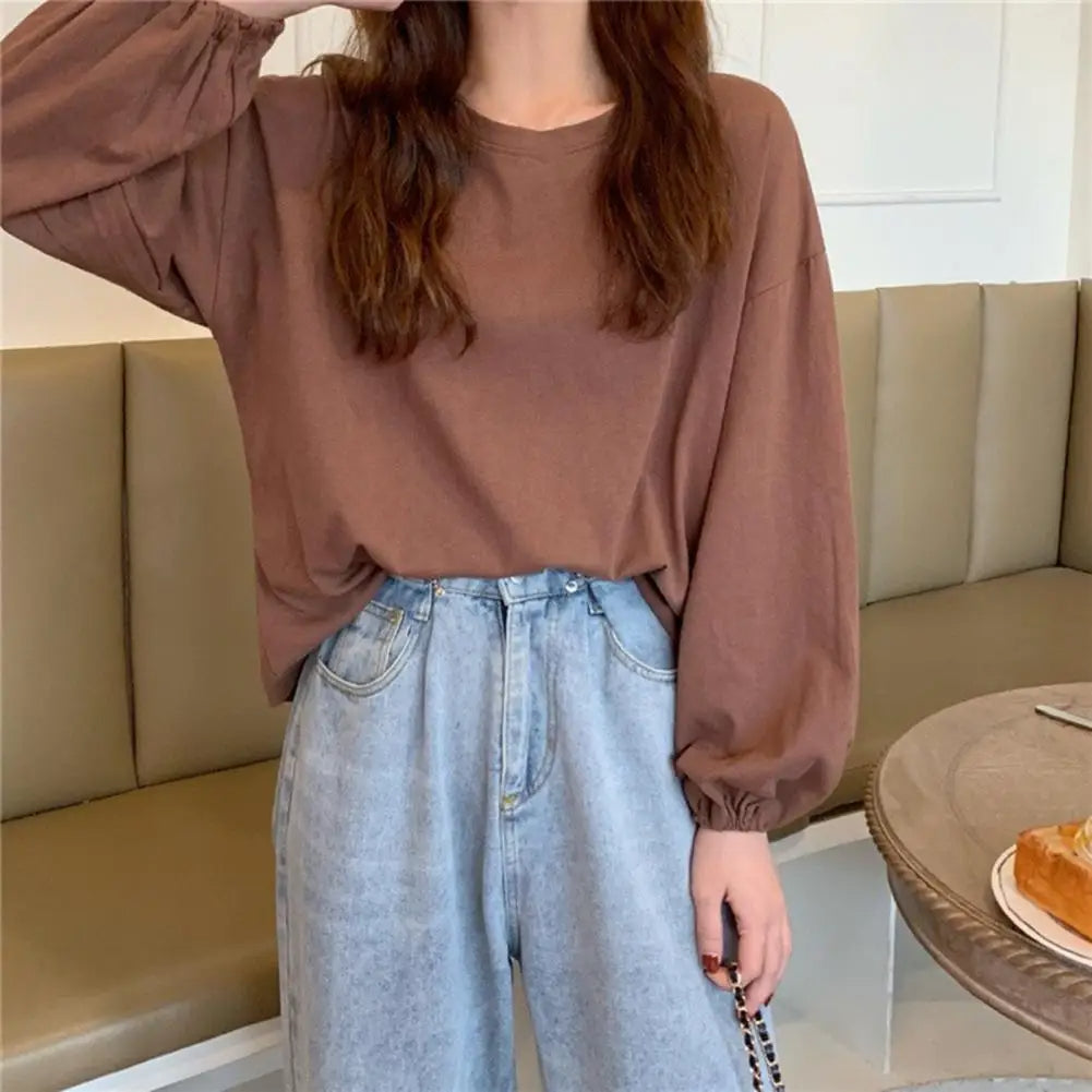 Round Neck Lantern Long Sleeve Elastic Cuffs Tee Shirt