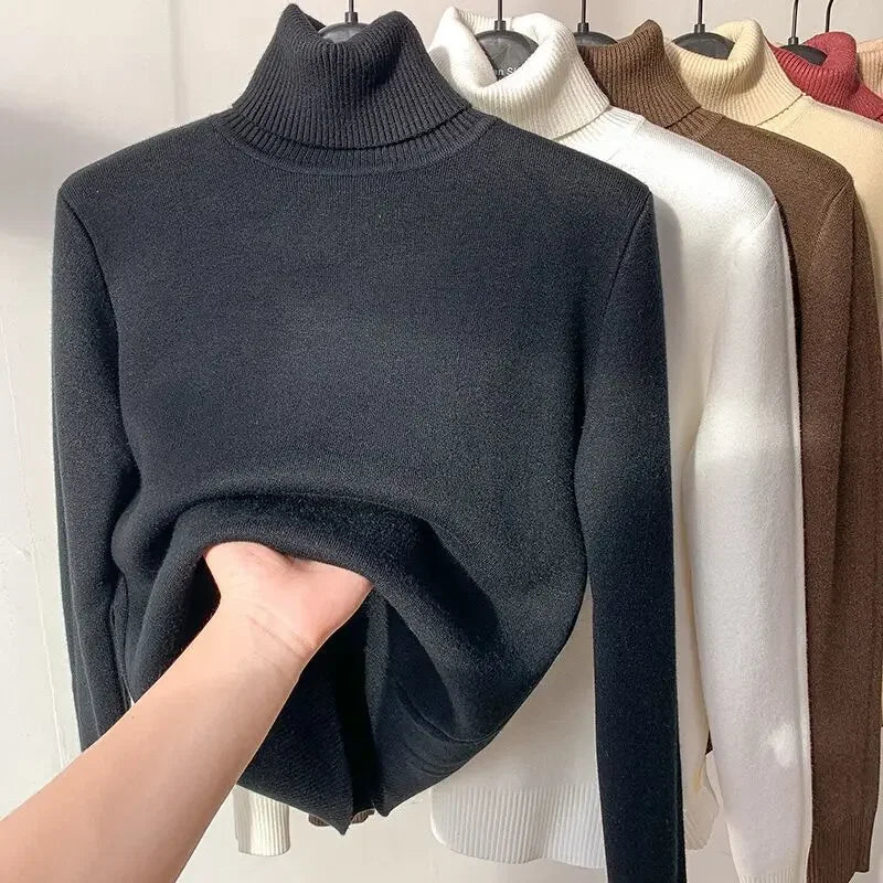 Turtleneck Winter Sweater Women Elegant Thicken Velvet Lined Warm Knitted Pullover