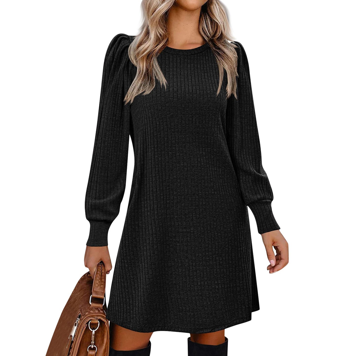 Women Puff Long Sleeve Dress Casual Knit Knee Length Dresses