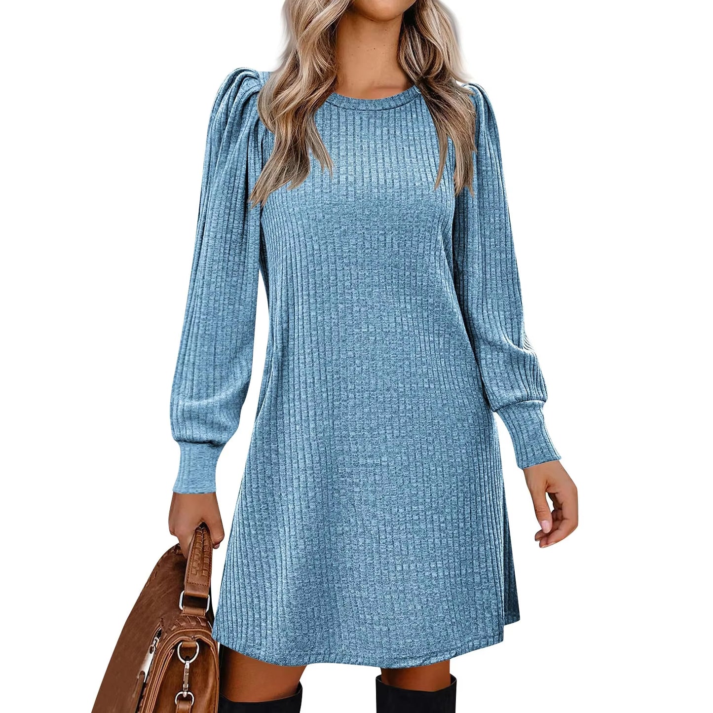 Women Puff Long Sleeve Dress Casual Knit Knee Length Dresses