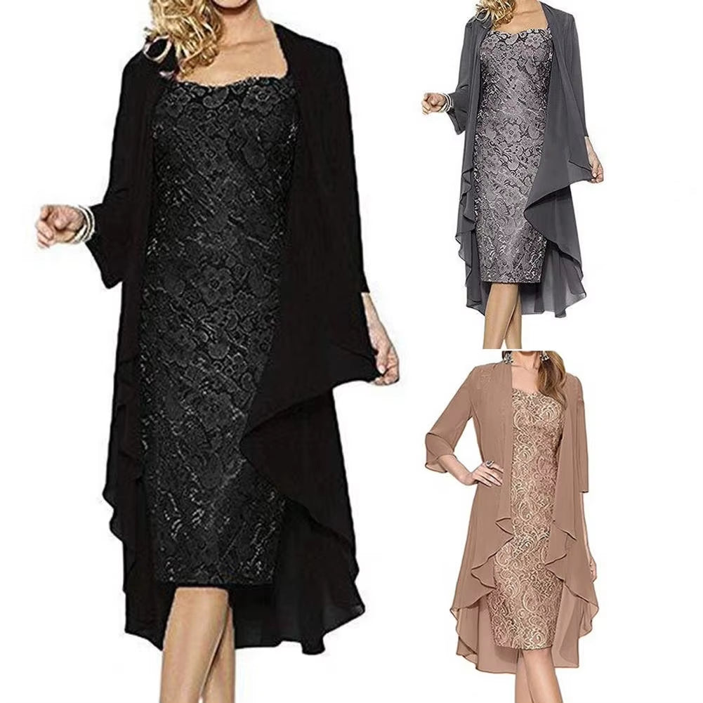 Formal Dress Set Women Outfit Elegant Flower Pattern Lace Vintage Two Pieces Set