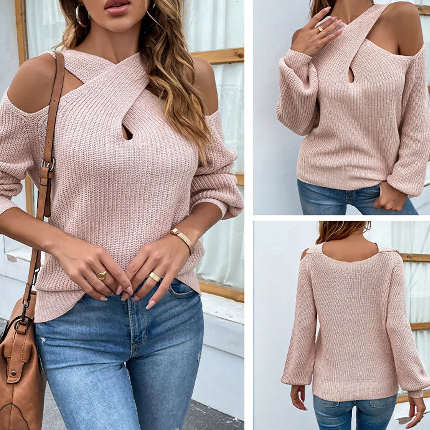 Women's Autumn And Winter Solid Color Cross Leaky Shoulder Sleeve Knitted Sweater