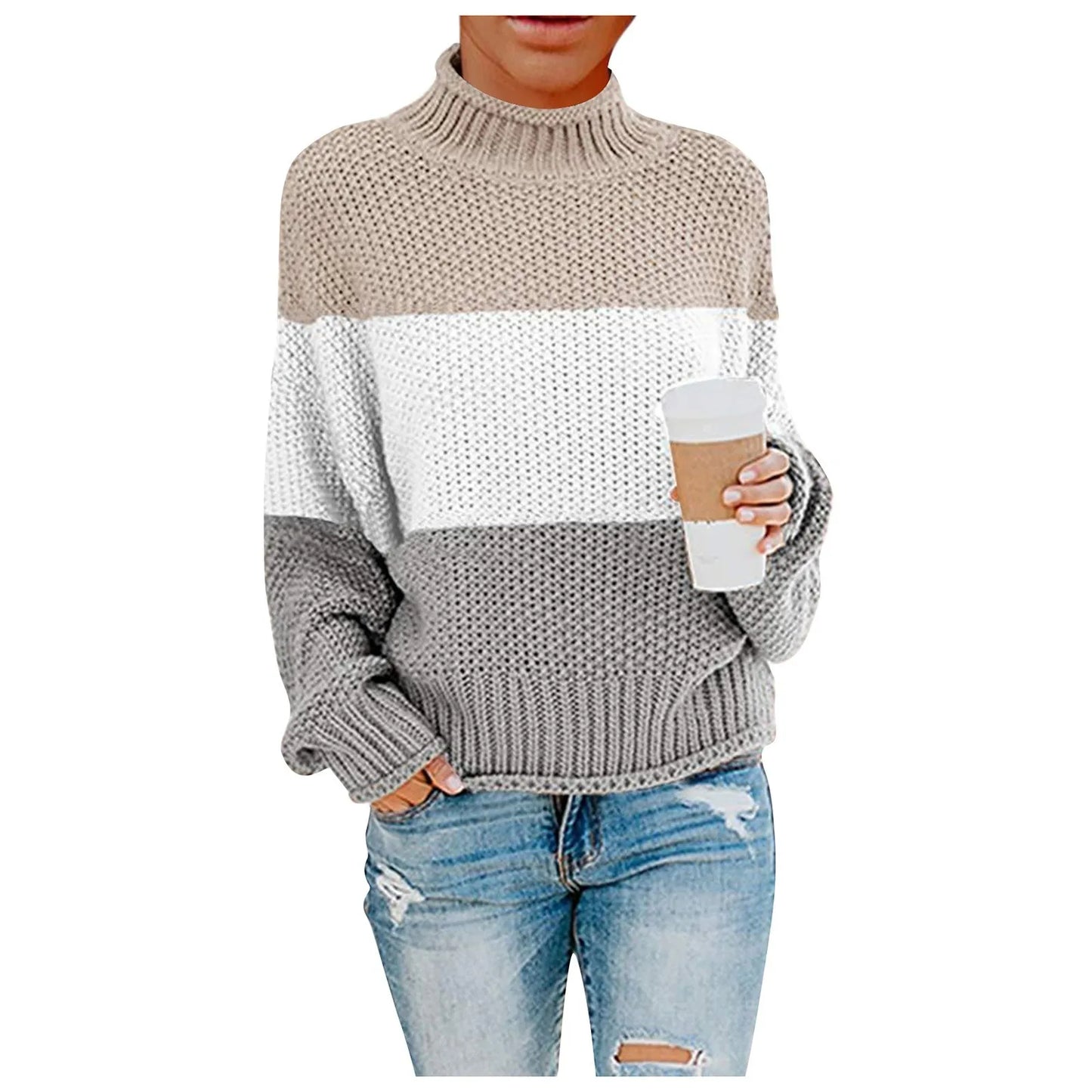 Women's Splicing Sweater Casual Knitting Loose Long Sleeve Pullover