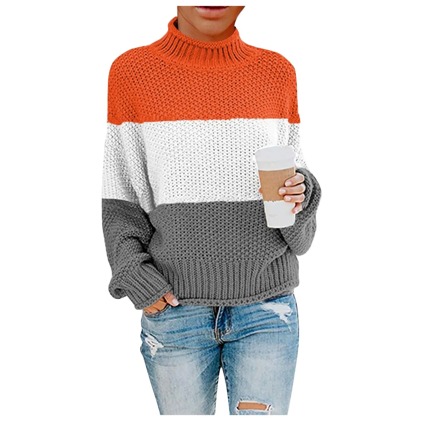 Women's Splicing Sweater Casual Knitting Loose Long Sleeve Pullover