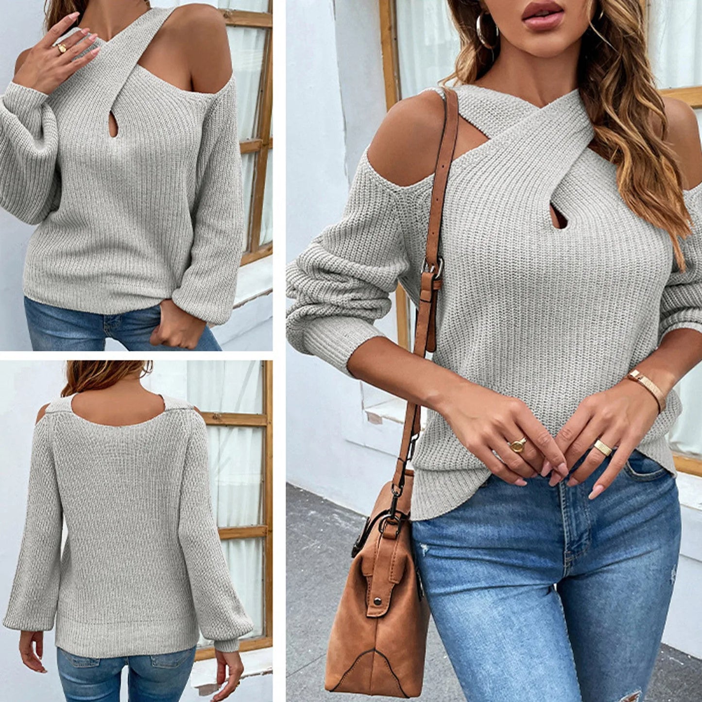 Women's Autumn And Winter Solid Color Cross Leaky Shoulder Sleeve Knitted Sweater