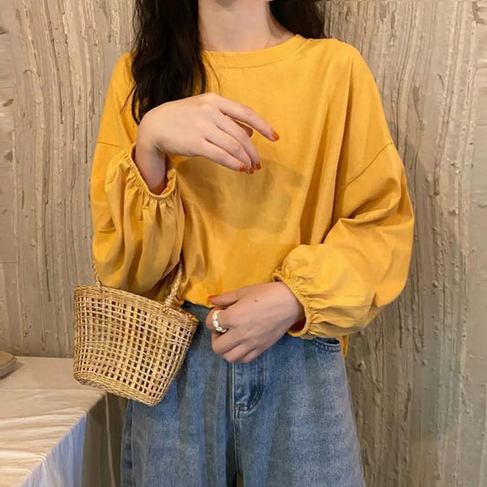 Round Neck Lantern Long Sleeve Elastic Cuffs Tee Shirt