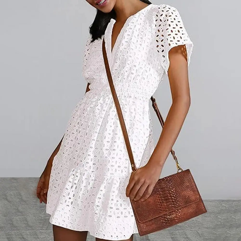 Women Dress Hollow Out Lace Solid Color Pleated High Waist Patchwork Beach Mini Dress