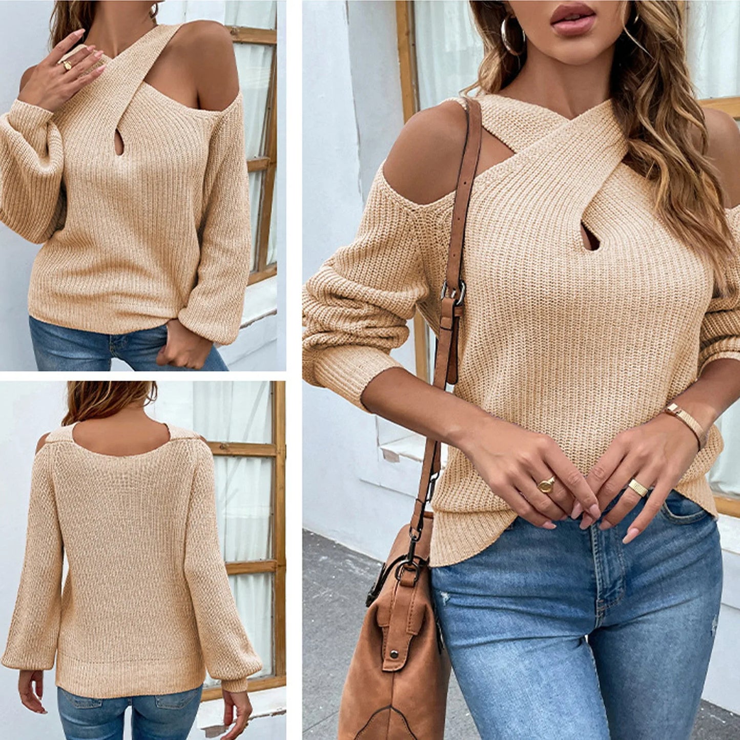 Women's Autumn And Winter Solid Color Cross Leaky Shoulder Sleeve Knitted Sweater