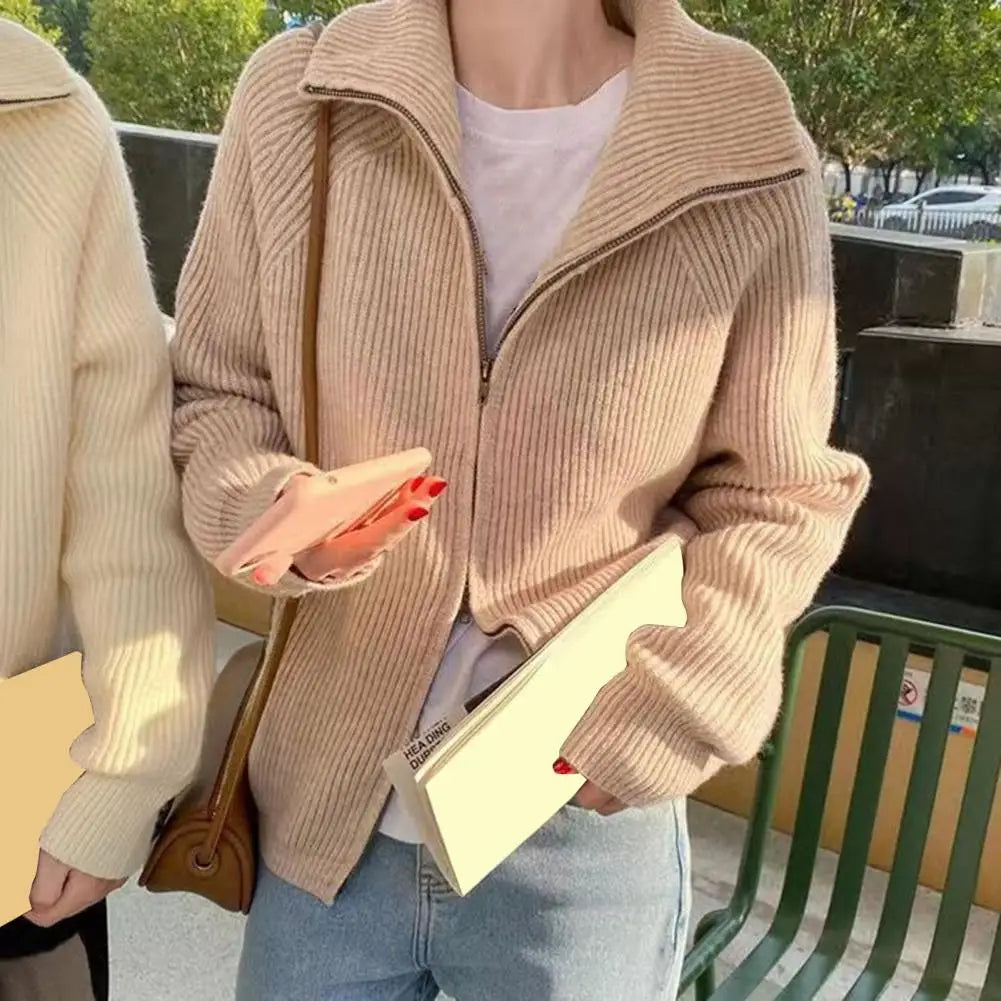 Women Sweater Coat Solid Color Lapel Long Sleeve Double Zipper Fly Design Knitting Coat