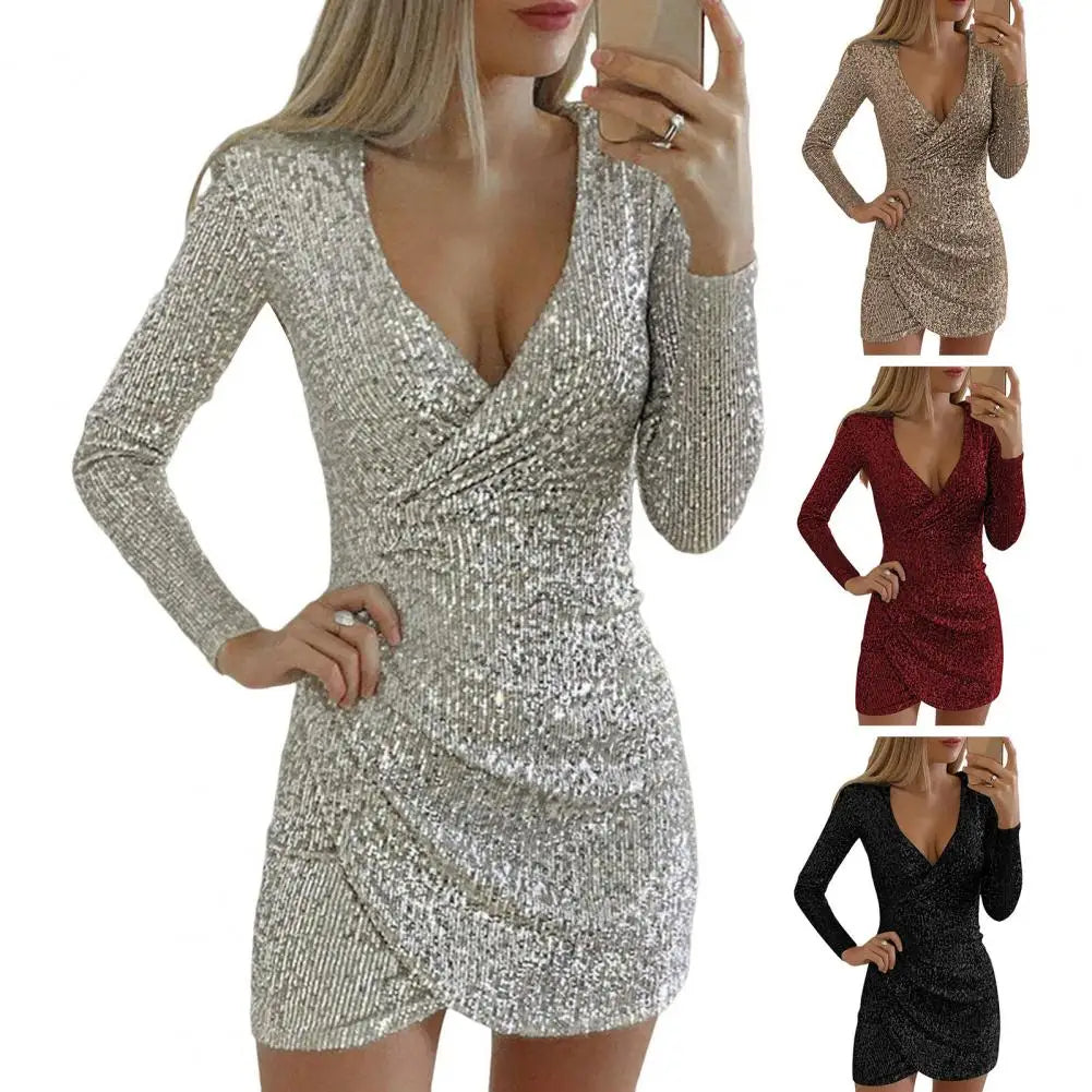 Sequins Women Dress Sequin Deep V Neck Irregular Pleated Slim Fit Hem Short Dress