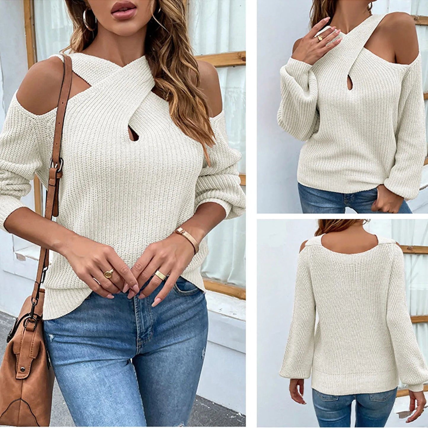 Women's Autumn And Winter Solid Color Cross Leaky Shoulder Sleeve Knitted Sweater