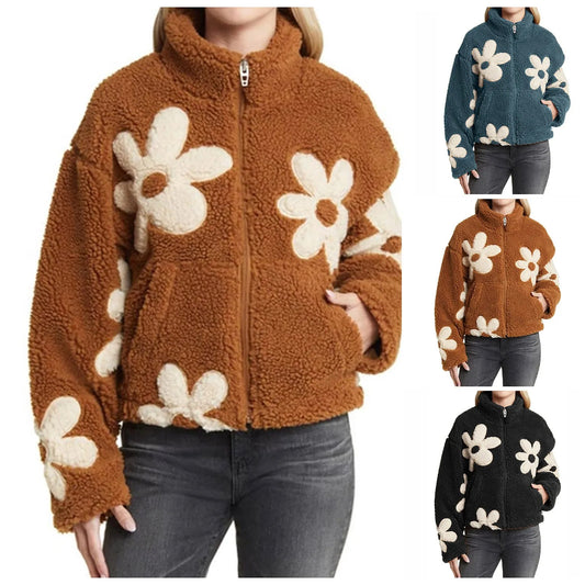 Women Lambswool Fuzzy Short Coats Trendy Mock Neck Zip Up Bomber Jackets