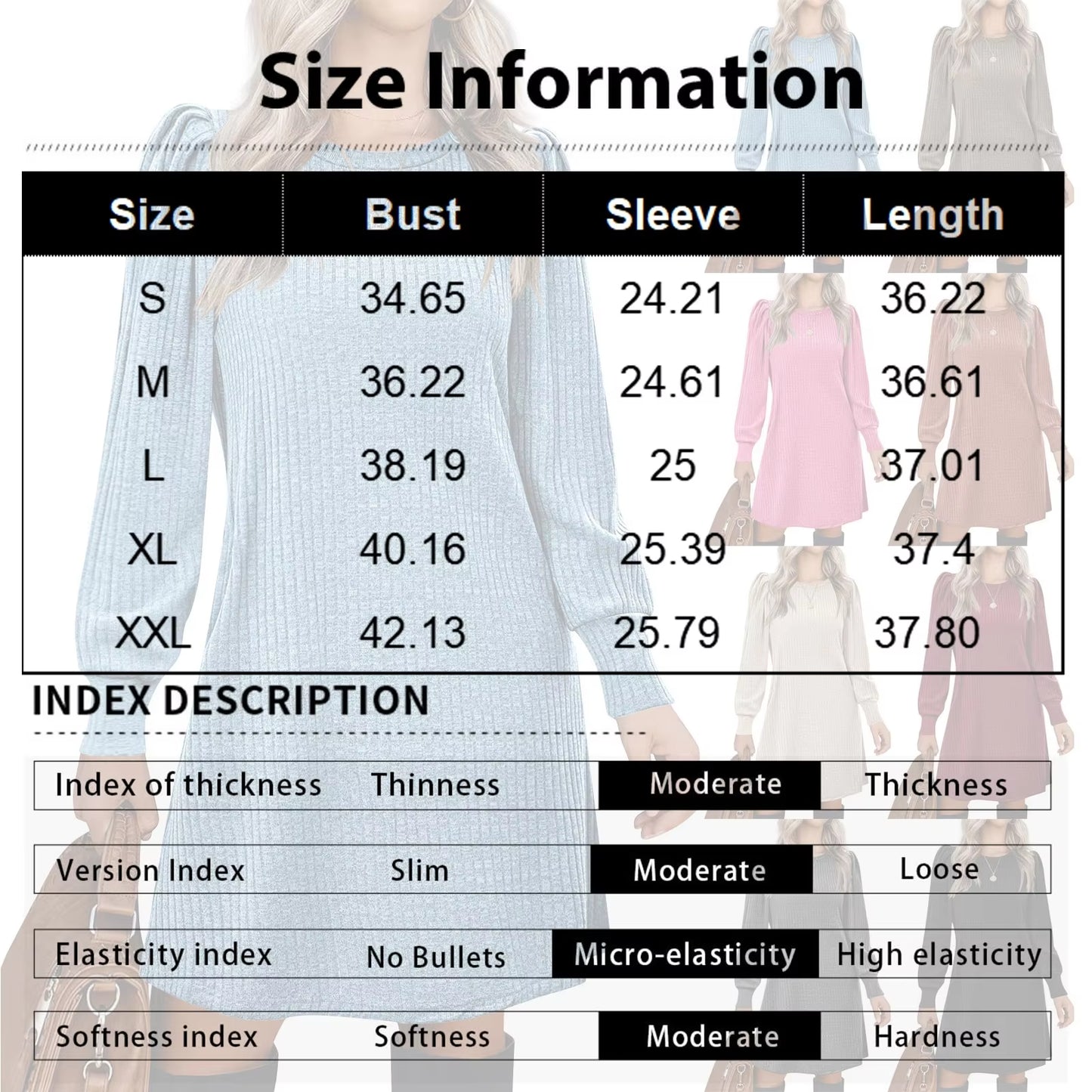 Women Puff Long Sleeve Dress Casual Knit Knee Length Dresses