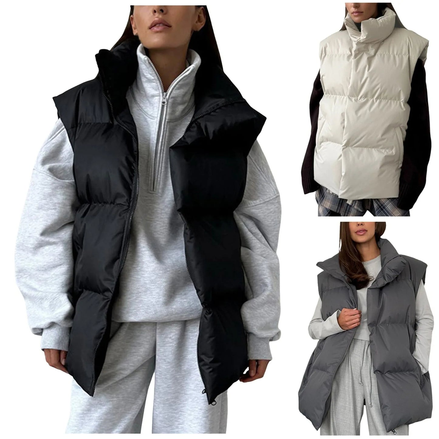 Women Stand Collar Sleeveless Vest Autumn Keep Warm Windproof Puffer Jacket