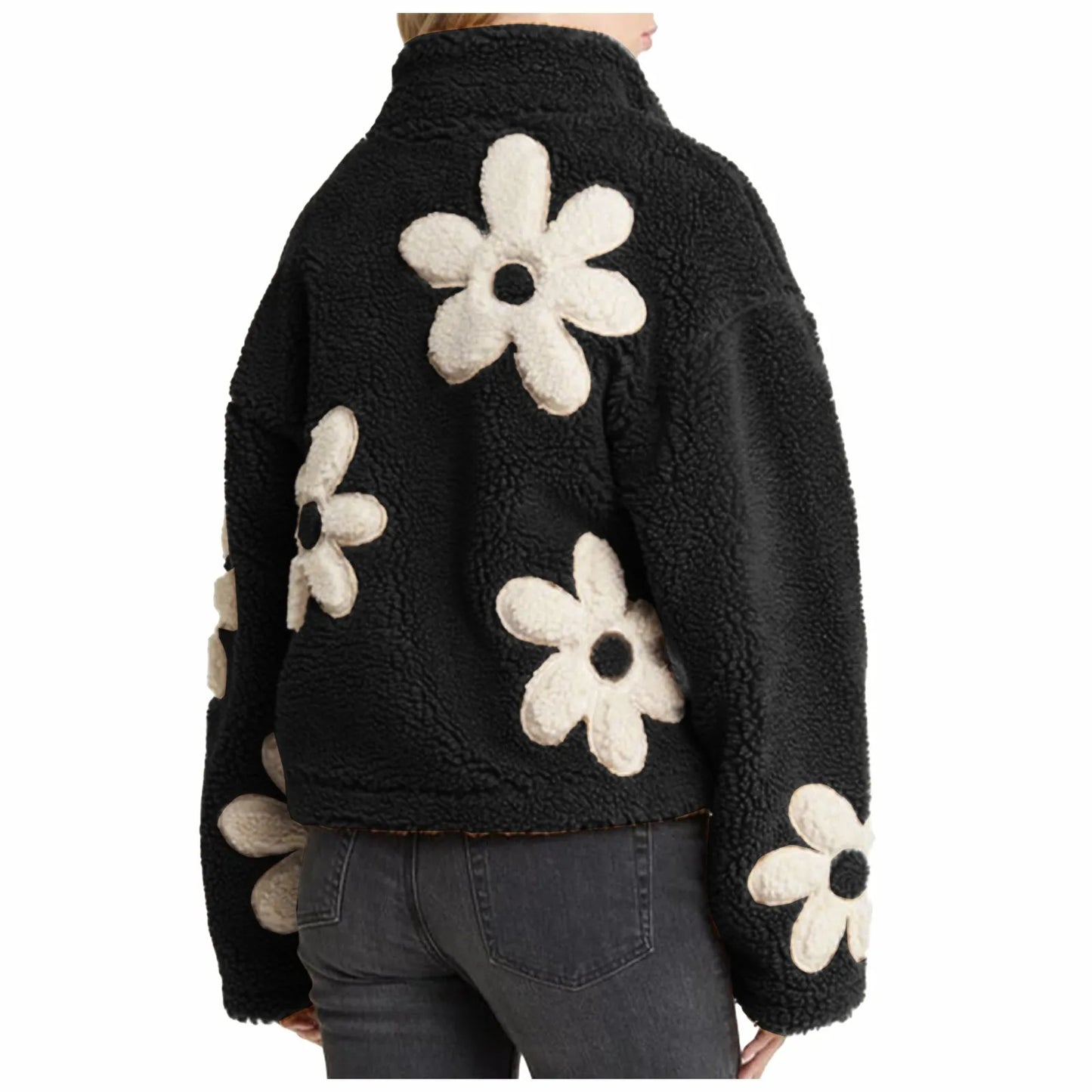 Women Lambswool Fuzzy Short Coats Trendy Mock Neck Zip Up Bomber Jackets