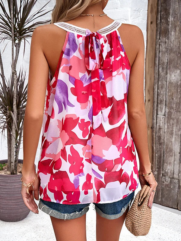 Loose Sleeveless Flower Print Pleated Tied Round-Neck Vest Top