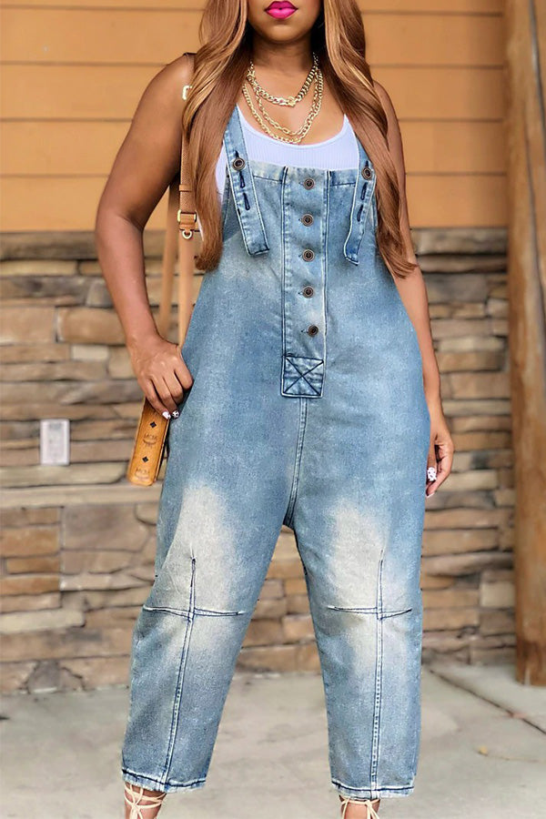 Casual Style Denim Suspender Jumpsuit