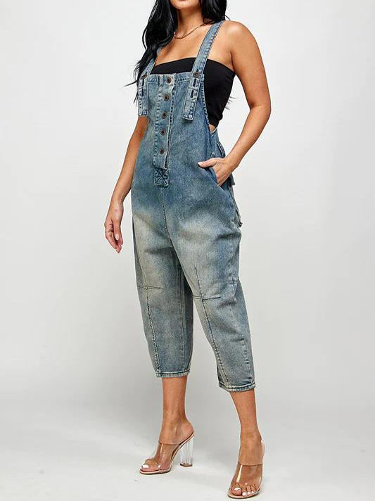 Casual Style Denim Suspender Jumpsuit