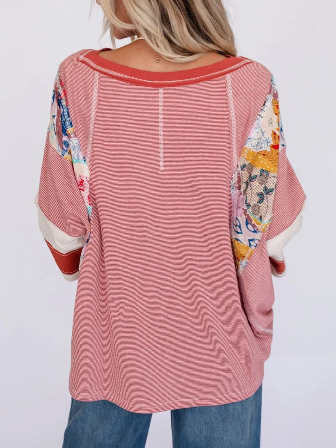 Women's Casual Striped Floral Print Patchwork Oversized 3/4 Sleeve Top