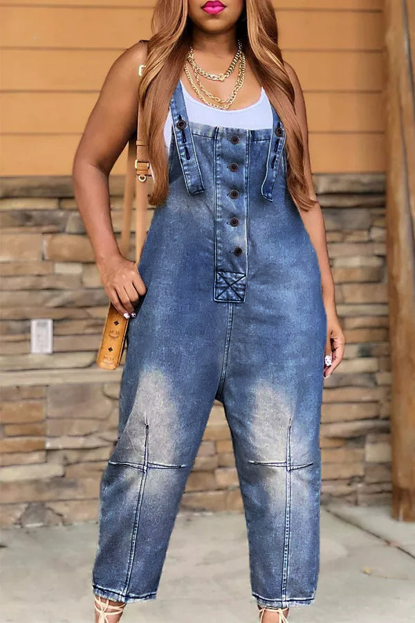 Casual Style Denim Suspender Jumpsuit