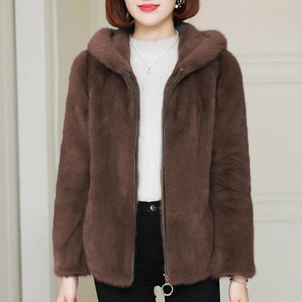 Women Winter Coat Double-sided Thick Cozy Plush Hooded Long Sleeves