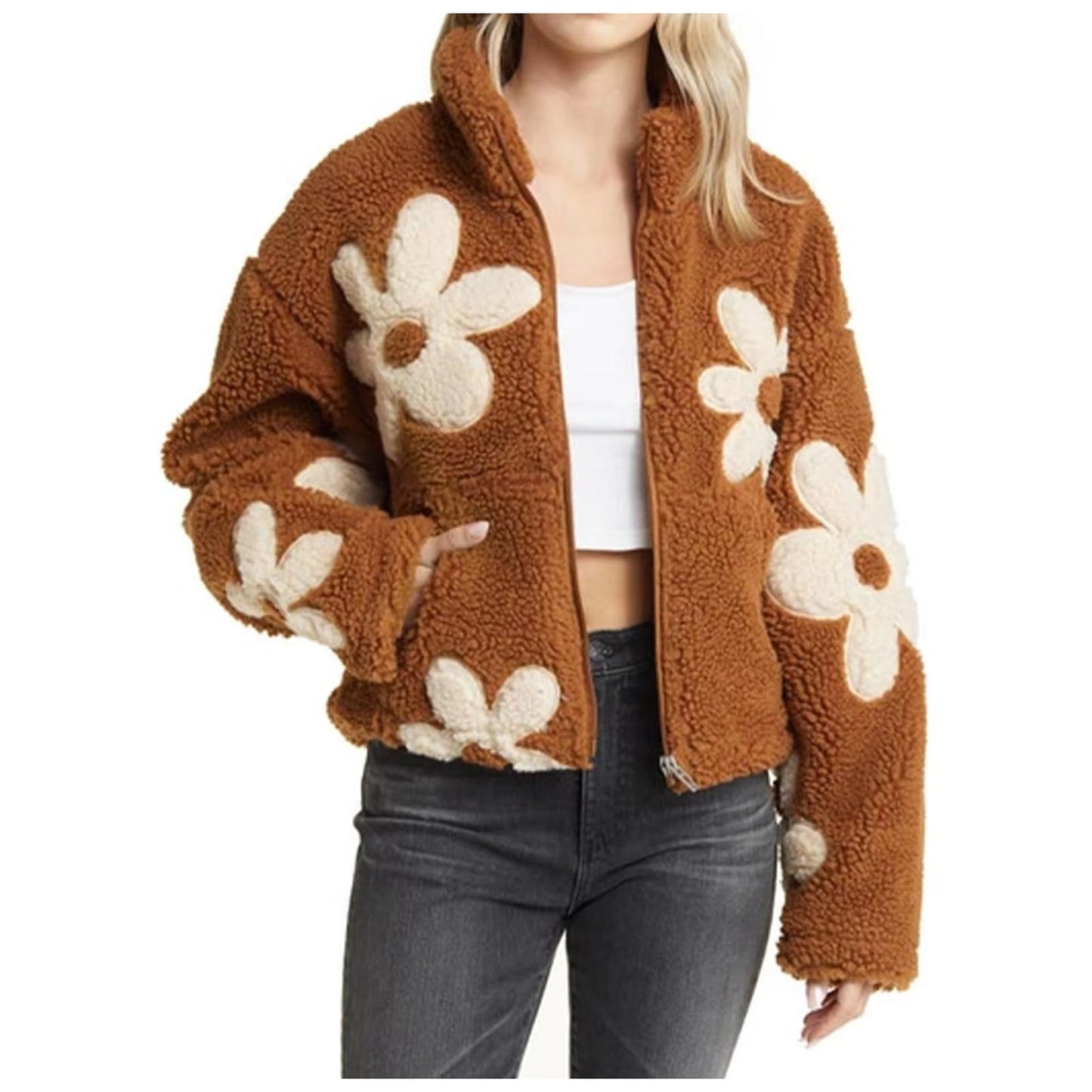 Women Lambswool Fuzzy Short Coats Trendy Mock Neck Zip Up Bomber Jackets