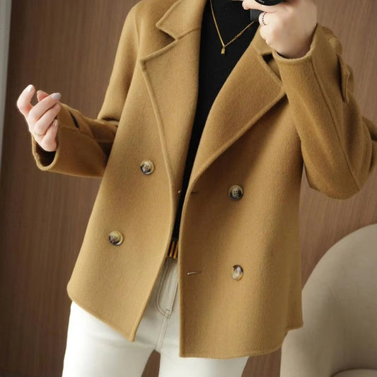 Fall Winter Women Woolen Coat Double-breasted Lapel Long Sleeve