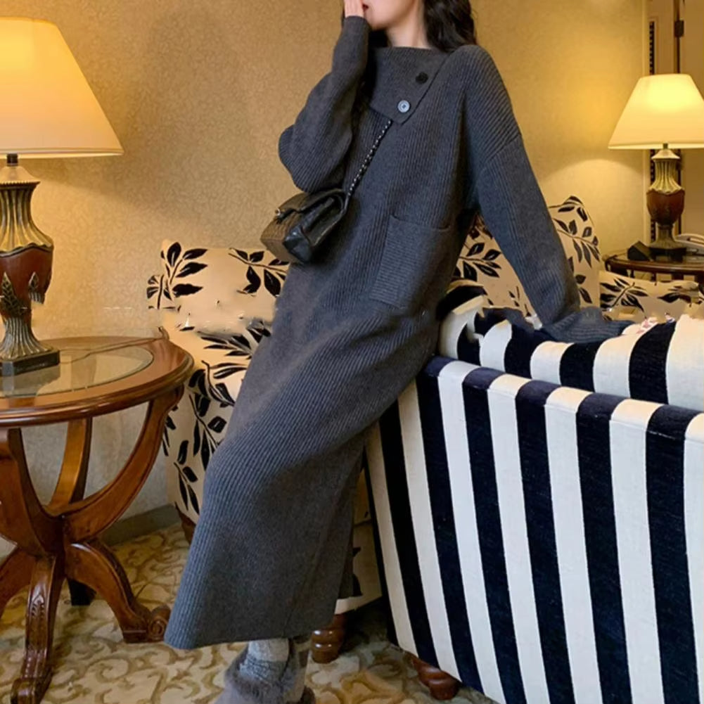 Autumn and Winter Women Sweater Dress Korean Style High Collar Pullover Dress