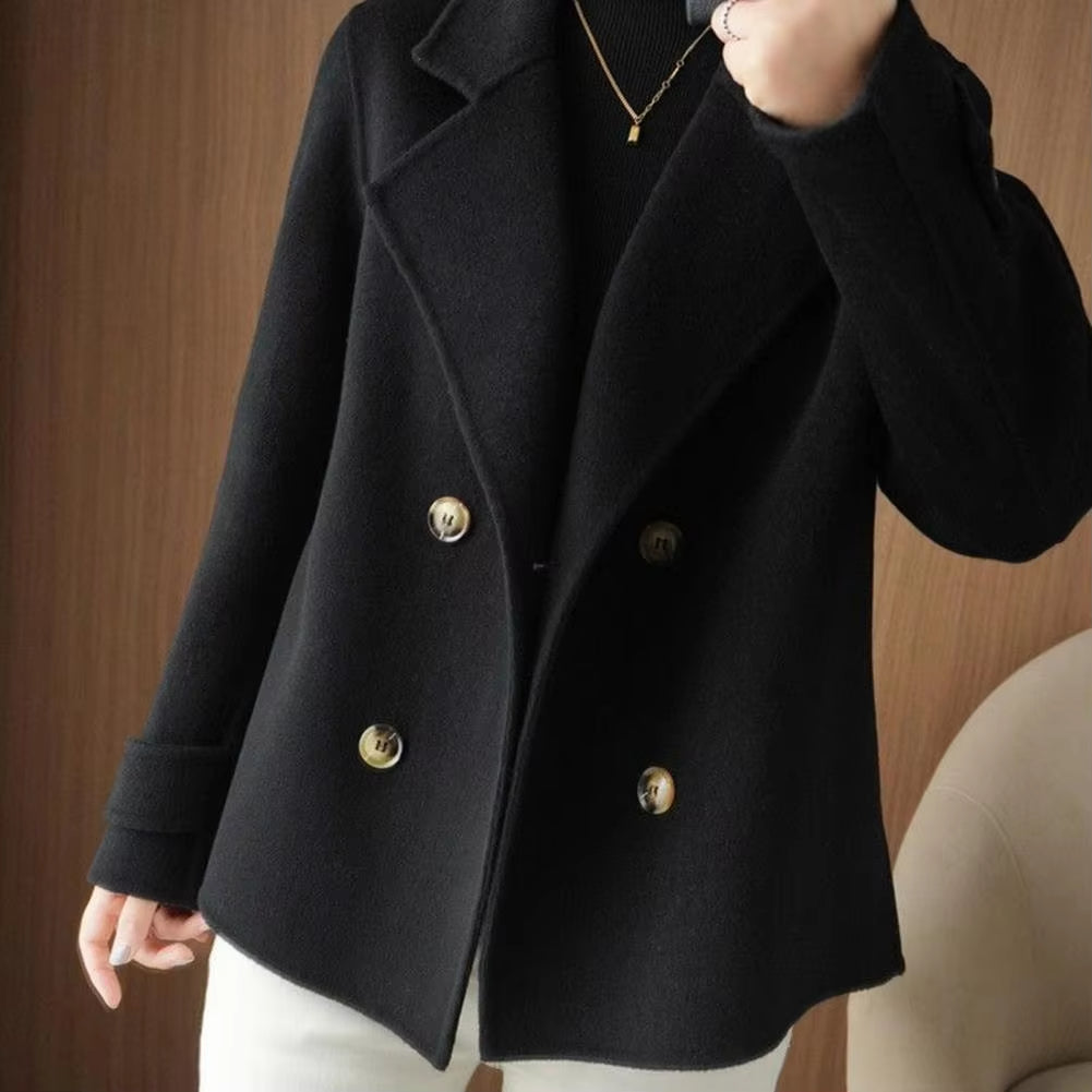 Fall Winter Women Woolen Coat Double-breasted Lapel Long Sleeve