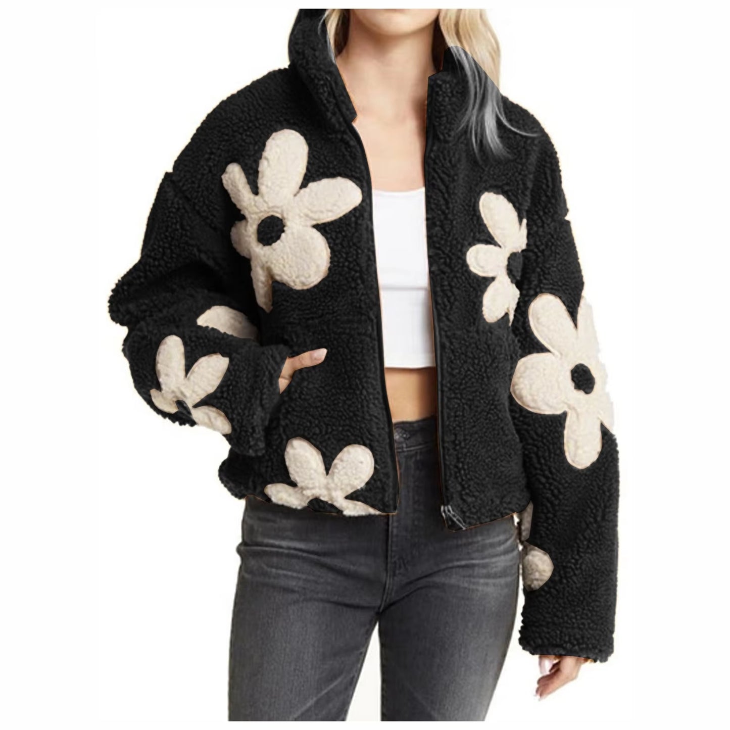 Women Lambswool Fuzzy Short Coats Trendy Mock Neck Zip Up Bomber Jackets