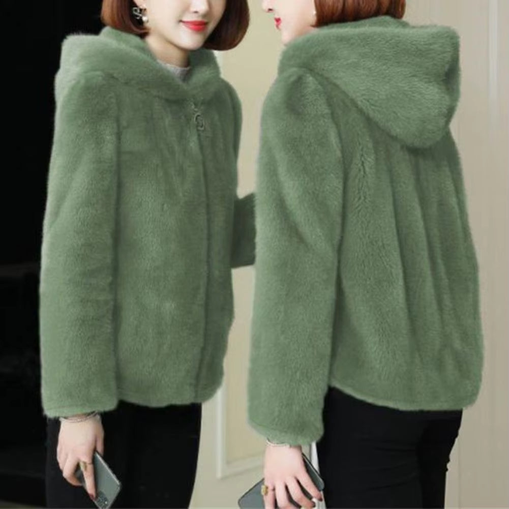 Women Winter Coat Double-sided Thick Cozy Plush Hooded Long Sleeves