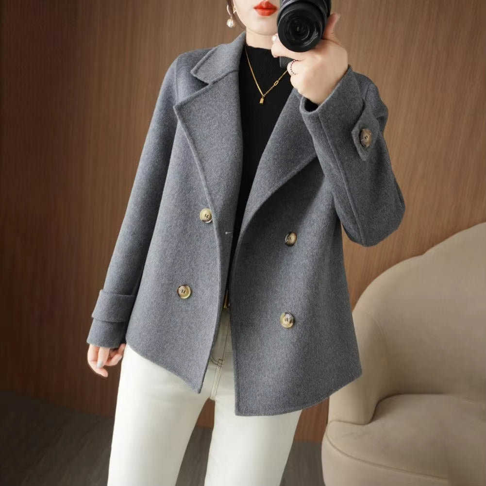 Fall Winter Women Woolen Coat Double-breasted Lapel Long Sleeve