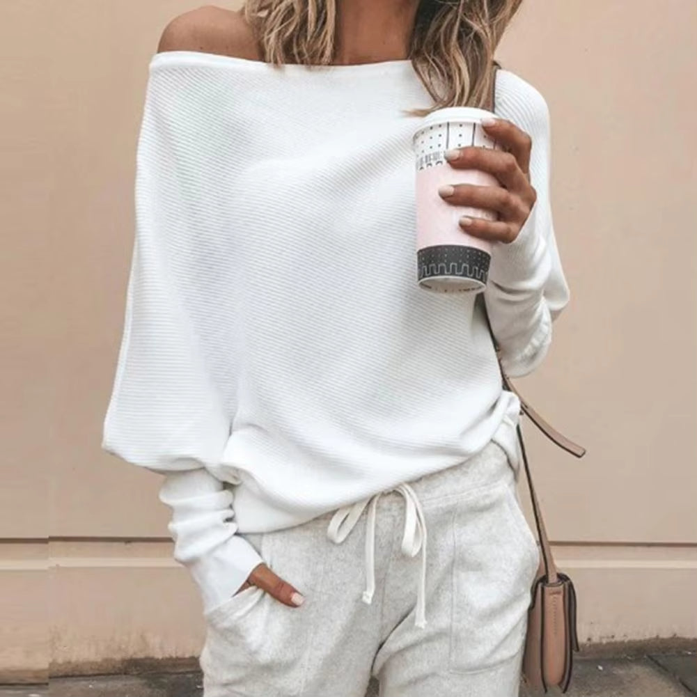 Women Solid Color Off Shoulder Long Sleeve Sweater Loose Knitted Sweater