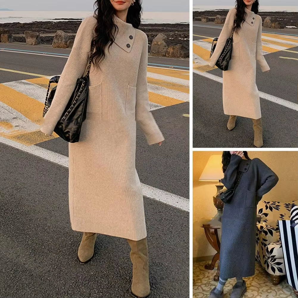 Autumn and Winter Women Sweater Dress Korean Style High Collar Pullover Dress