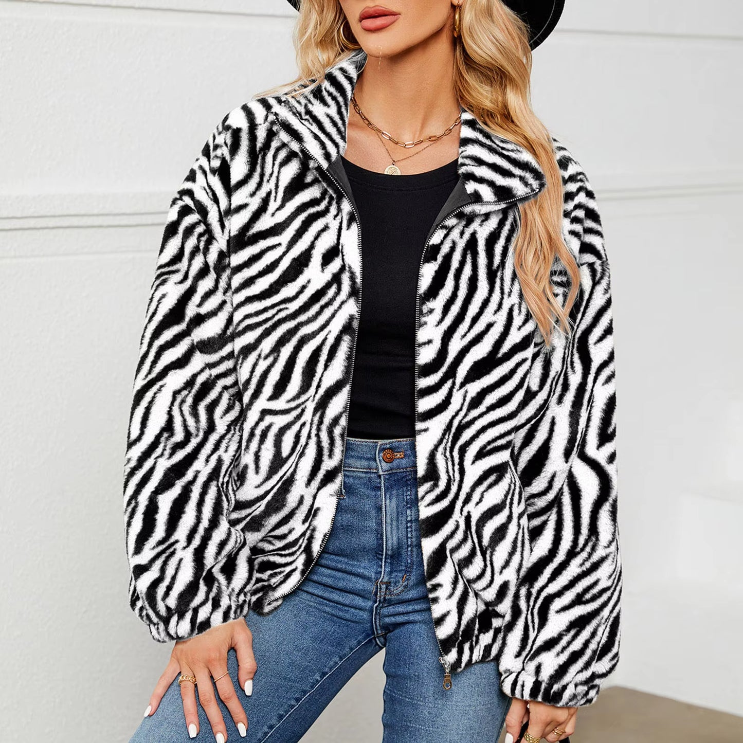 Women Zip Up Lapel Cropped Jacket