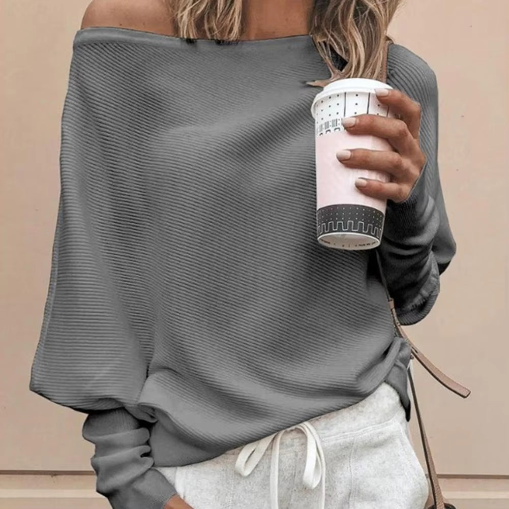 Women Solid Color Off Shoulder Long Sleeve Sweater Loose Knitted Sweater