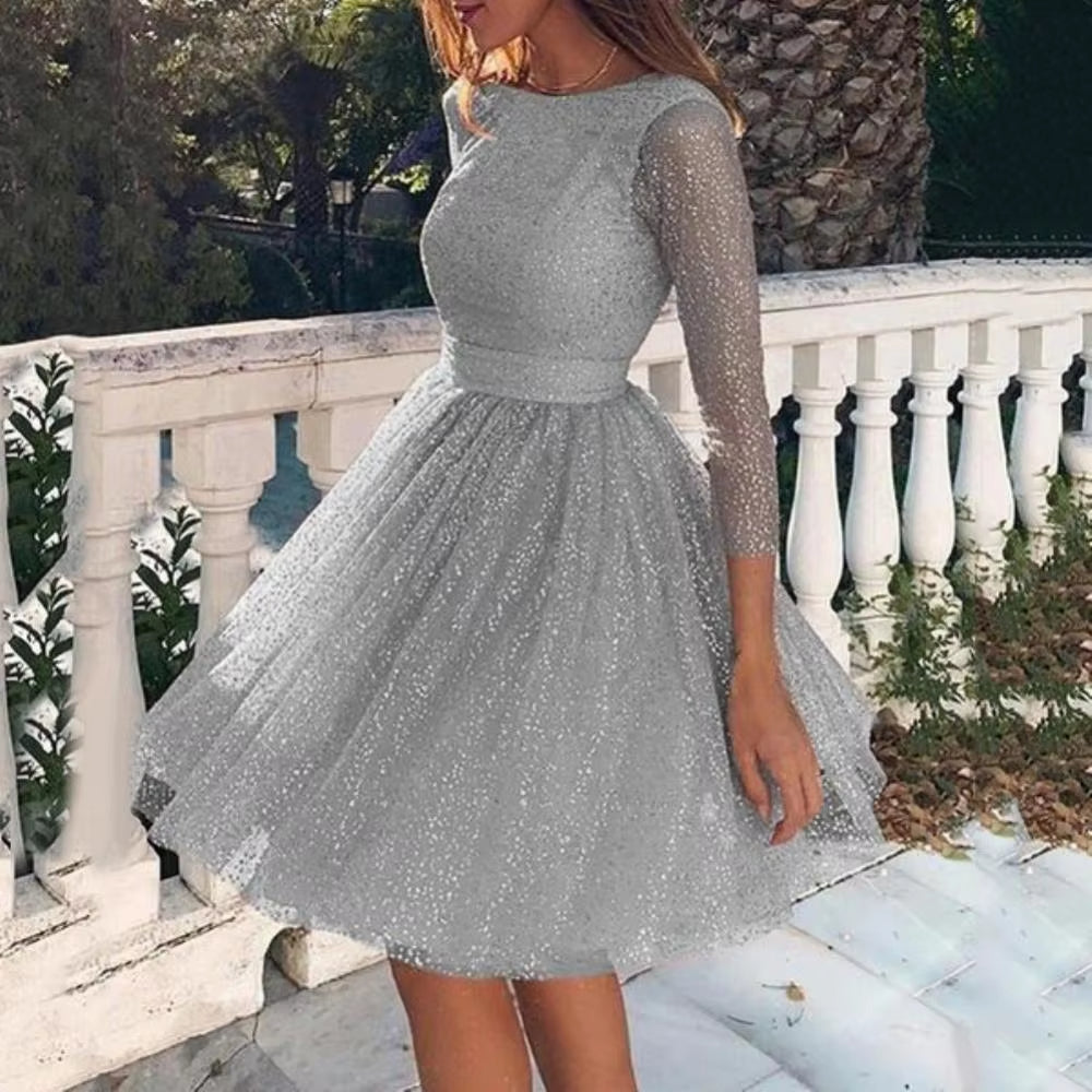 Women See-through Sequins Dress Gown Long Sleeve O-neck Backless Mini Dresses