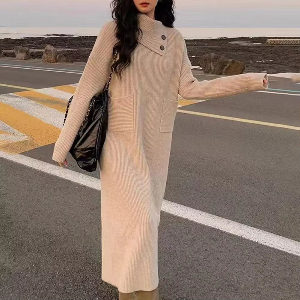 Autumn and Winter Women Sweater Dress Korean Style High Collar Pullover Dress