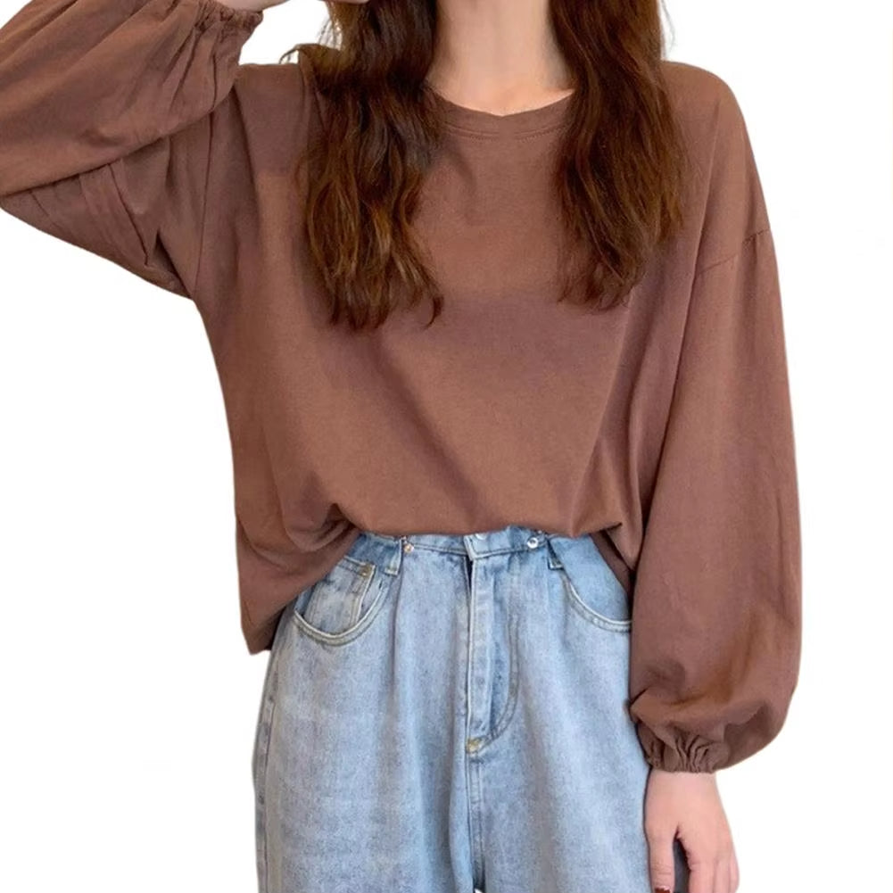 Round Neck Lantern Long Sleeve Elastic Cuffs Tee Shirt