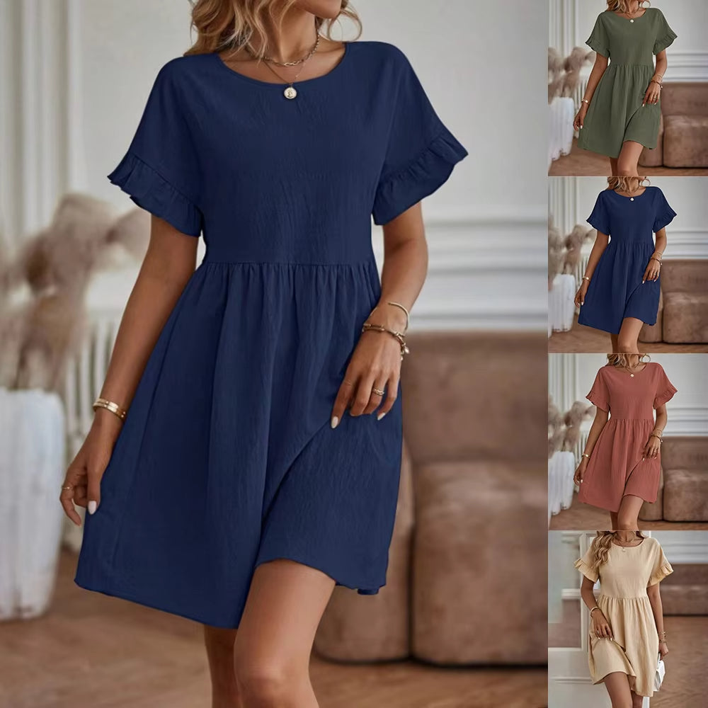 Summer Solid Beach Sundress Female Korean Fashion Slim Sexy Casual Short Sleeve Blouse Dress