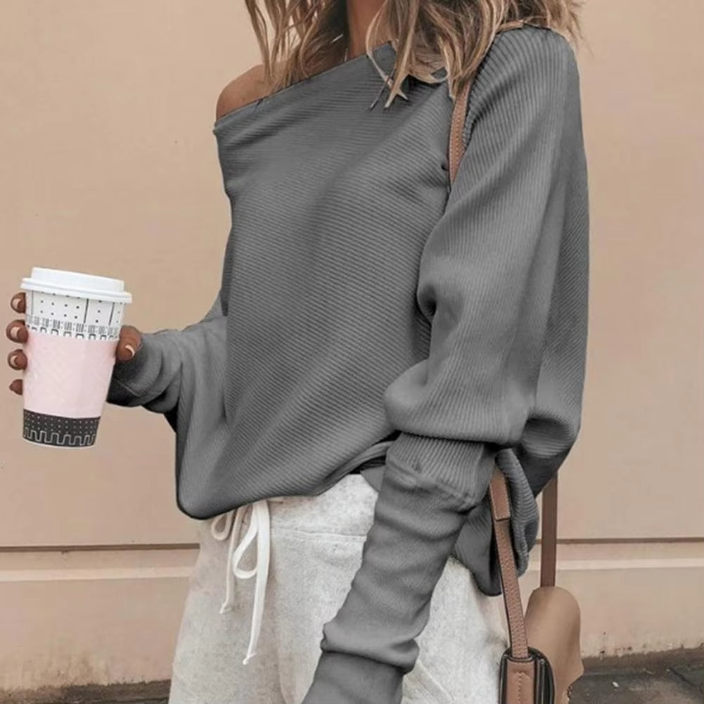 Women Solid Color Off Shoulder Long Sleeve Sweater Loose Knitted Sweater