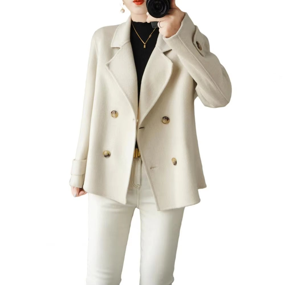 Fall Winter Women Woolen Coat Double-breasted Lapel Long Sleeve