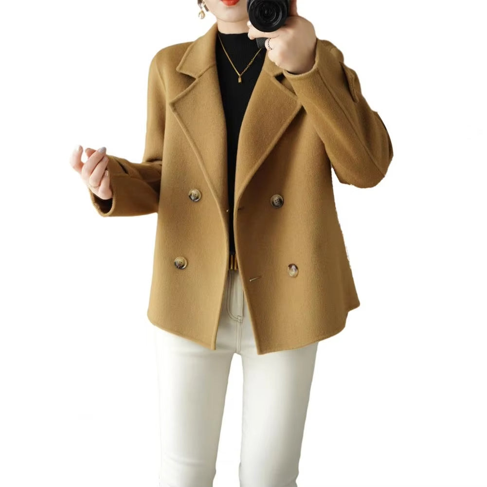 Fall Winter Women Woolen Coat Double-breasted Lapel Long Sleeve