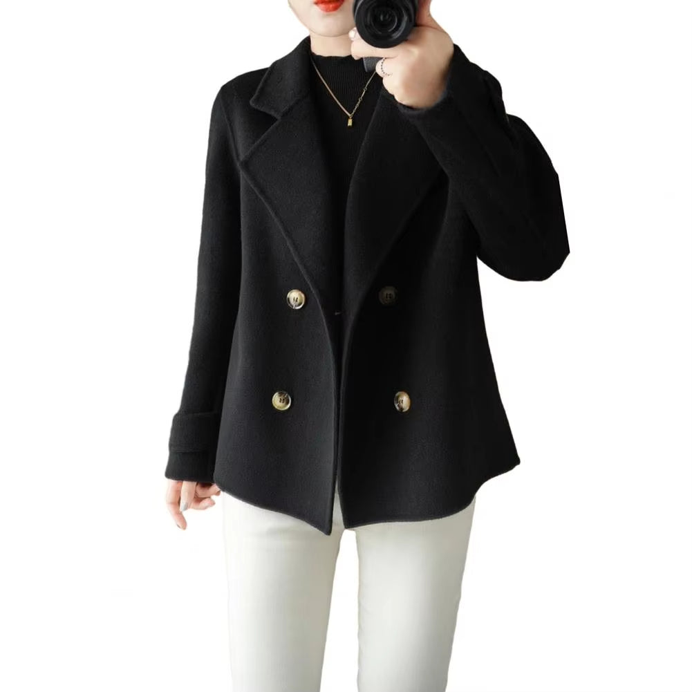 Fall Winter Women Woolen Coat Double-breasted Lapel Long Sleeve