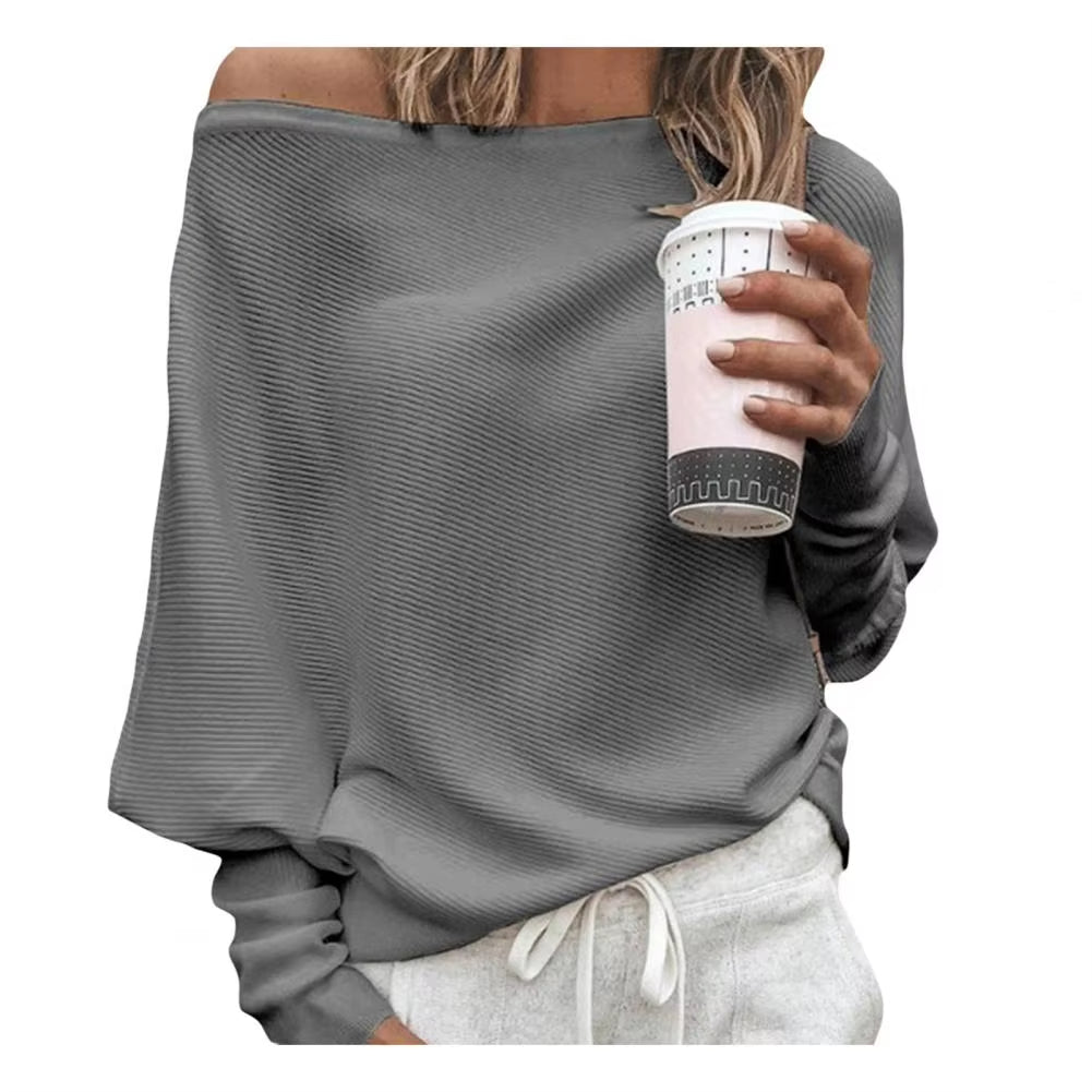 Women Solid Color Off Shoulder Long Sleeve Sweater Loose Knitted Sweater