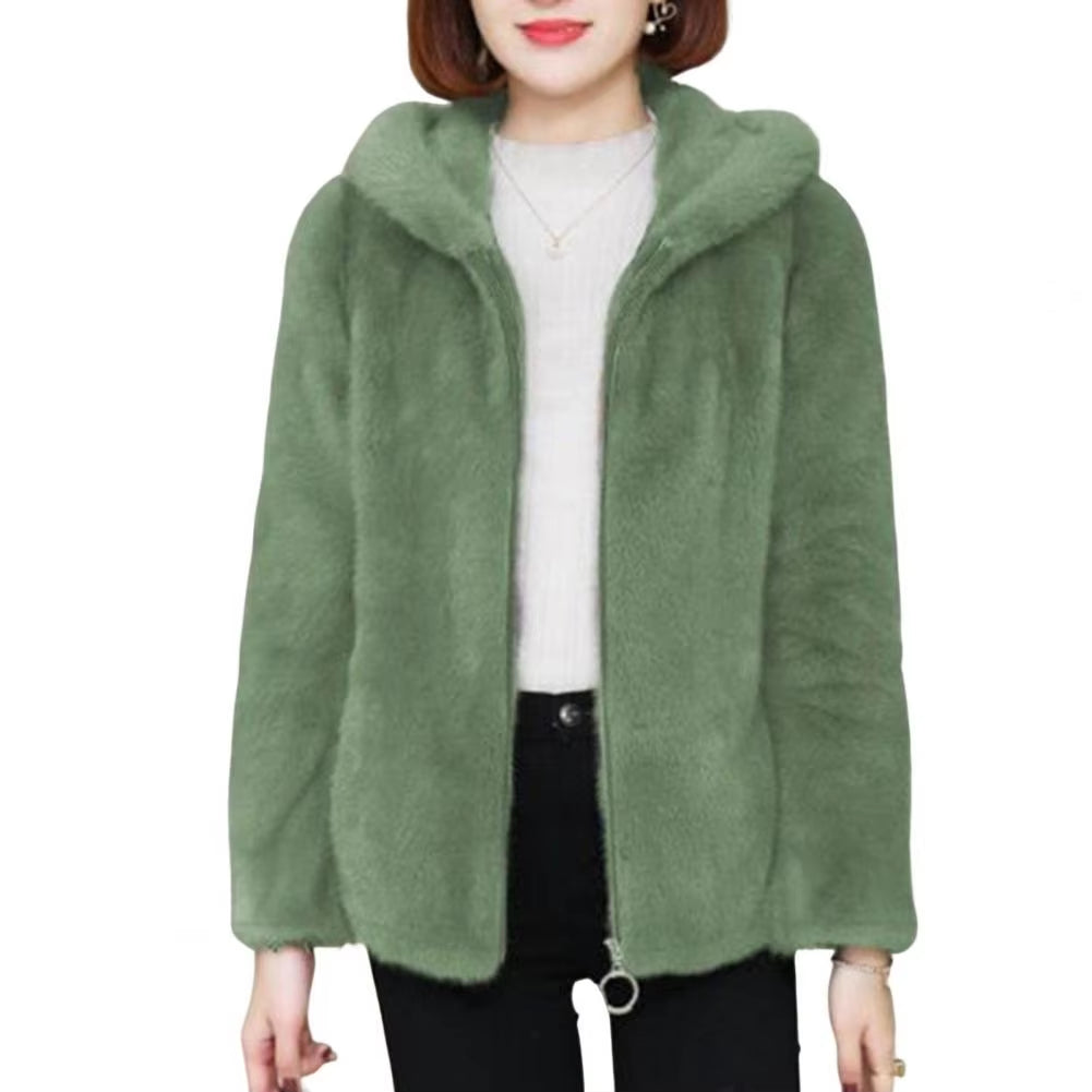 Women Winter Coat Double-sided Thick Cozy Plush Hooded Long Sleeves