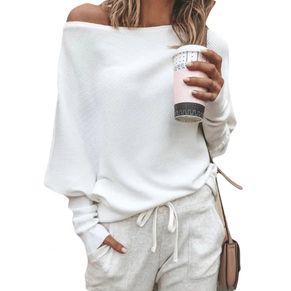 Women Solid Color Off Shoulder Long Sleeve Sweater Loose Knitted Sweater