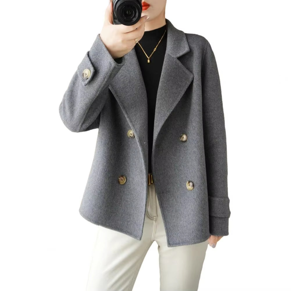 Fall Winter Women Woolen Coat Double-breasted Lapel Long Sleeve