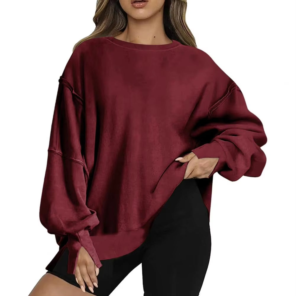 Loose Sweatshirt Autumn Winter Solid Color Crew Neck Non-Fading Casual Pullover