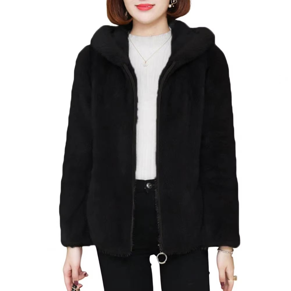 Women Winter Coat Double-sided Thick Cozy Plush Hooded Long Sleeves